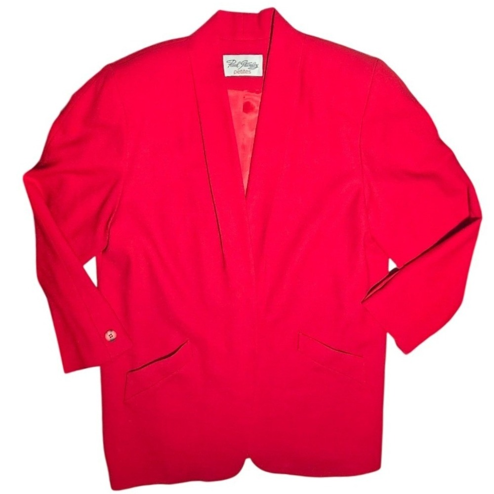 VTG Paul Stanley Petites Red Open Front Shawl Collar Blazer Jacket 100% wool 14P